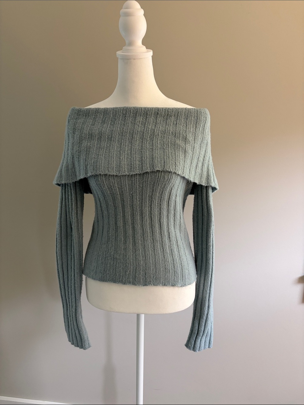 Pink Rose Off-the-Shoulder Ribbed Sweater in light teal